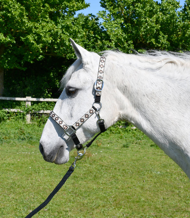 Rhinegold Headcollar & Lead Black/Cream Aztec / Shetland Rhinegold Aztec Padded Headcollar And Matching Lead Rope Set CLEARANCE