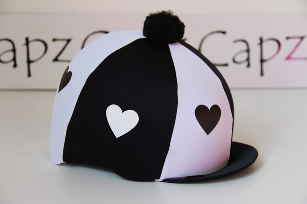 Capz Black/White Capz Motif Cap Cover Lycra Heartz & Pom Pom