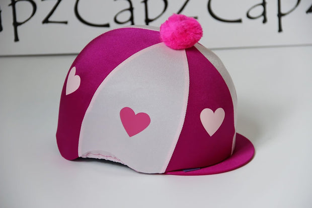 Capz Cerise/Pale Pink Capz Motif Cap Cover Lycra Heartz & Pom Pom